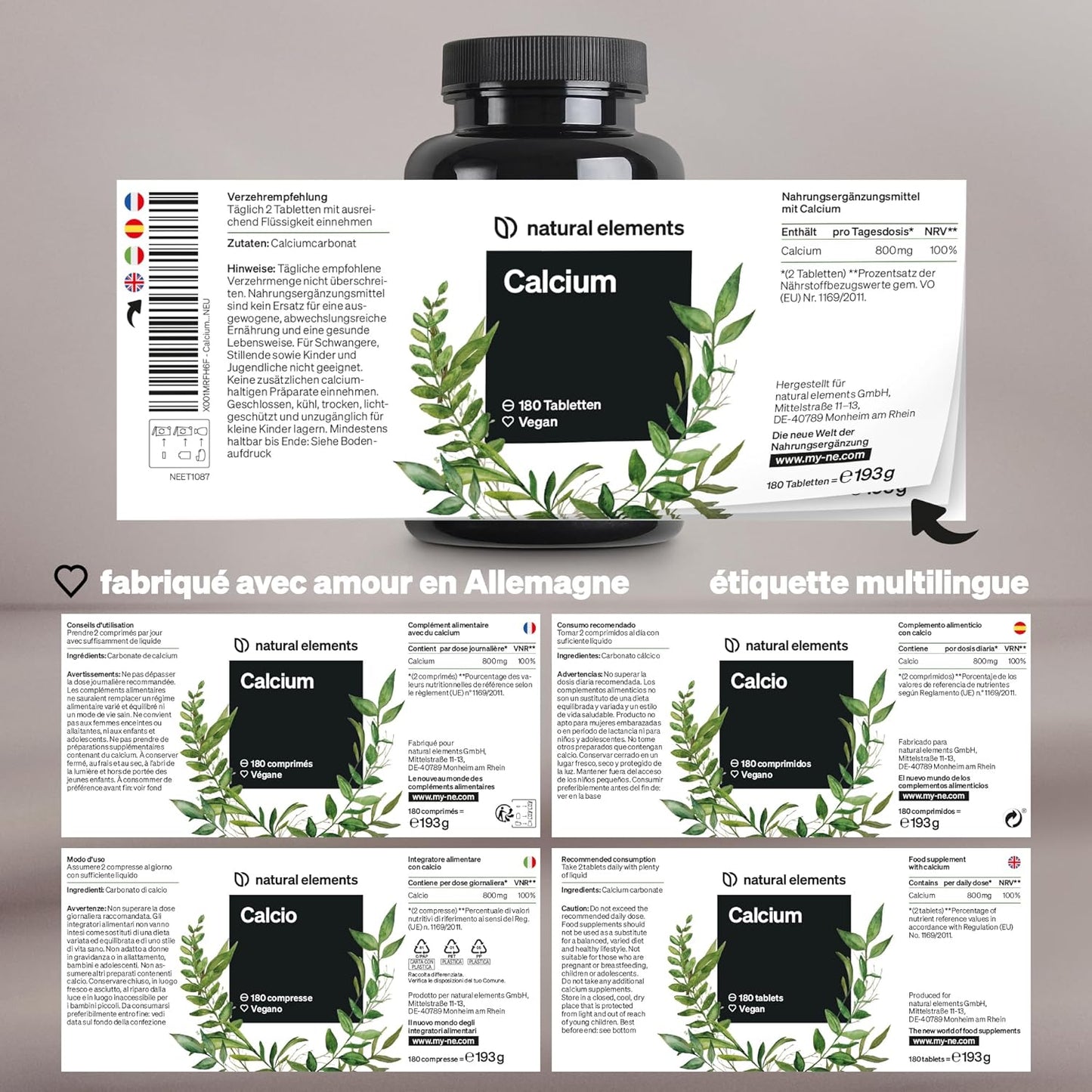 Vegan Calcium Tablets - High Dose 800mg Daily - 180 Tablets - No Unwanted Additives - Made in Germany & Lab Tested